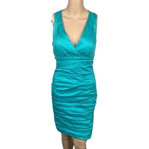 Nicole Miller Turquoise V-neck Ruched Cocktail Sheath Dress Women's SZ 6